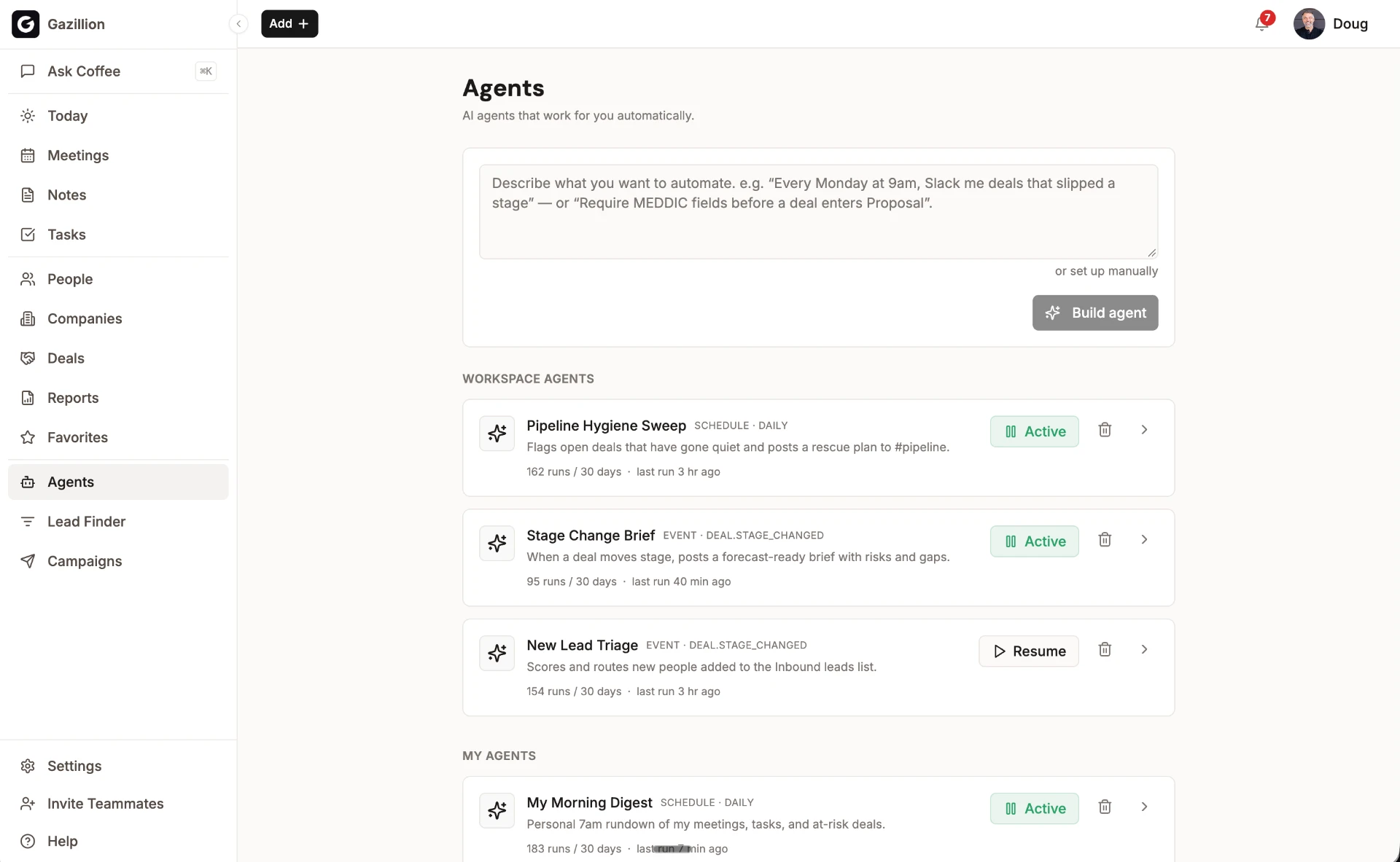 Coffee Agents page showing workspace agents and personal agents